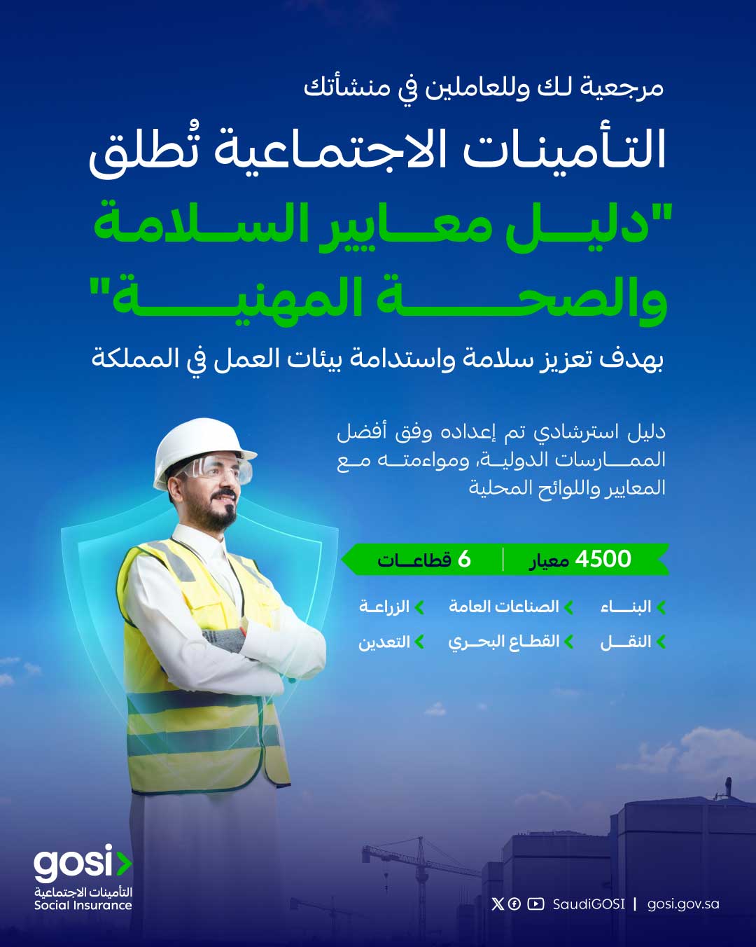 ‏التأمينات الاجتماعية تطلق دليل معايير السلامة والصحة المهنية لتعزيز بيئات العمل الآمنة والمستدامة في المملكة